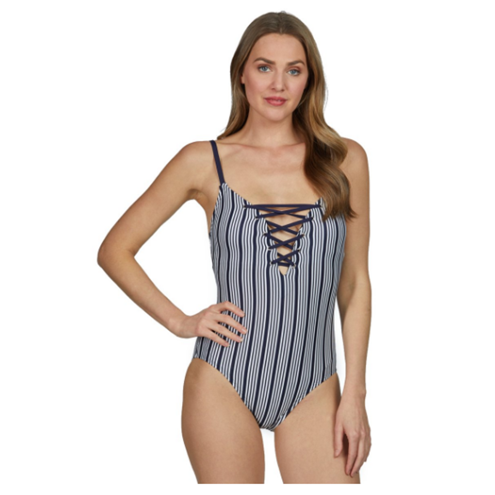 Nautica Dock Lines Slimming One Piece Swimsuit Blue Size L